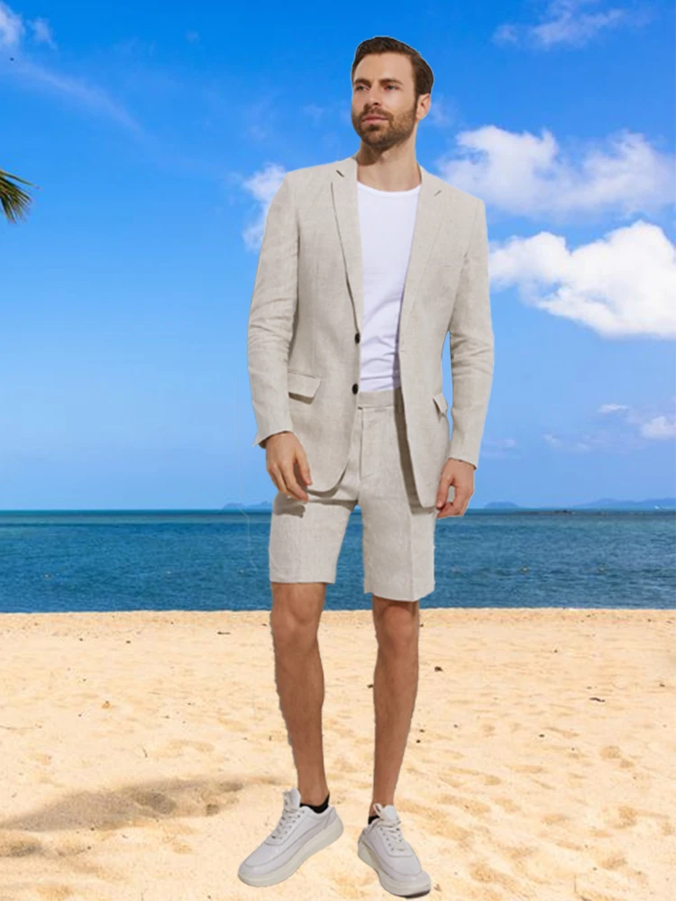 Tailored Sand Grey Linen Suit for Men | Beach Wedding Groom Attire | Summer Breathable 2-Piece Set with Shorts Slim Custom Fit