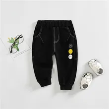 Новые стильные весенние брюки для малышей, детские трикотажные штаны из джинсовой ткани со смайликами для маленьких детей, для мальчиков и девочек, детские хлопковые штаны с рисунком