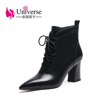 

Universe Spring Autum Botines Mejur Geniune Leather Solid Lace-up Boots Women 2019 Pionty Toe High Heel Ankle Women Boots J266