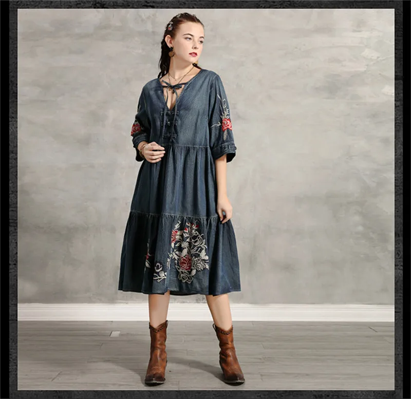 Весеннее джинсовое женское платье, винтажные женские платья с v-образным вырезом и коротким рукавом, Цветочная вышивка, Vestidos 82188, женское платье