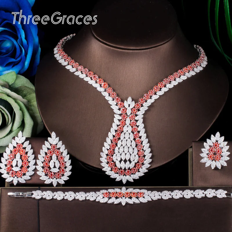 ThreeGraces 4 шт. Роскошные африканские кубического циркония большое ожерелье серьги