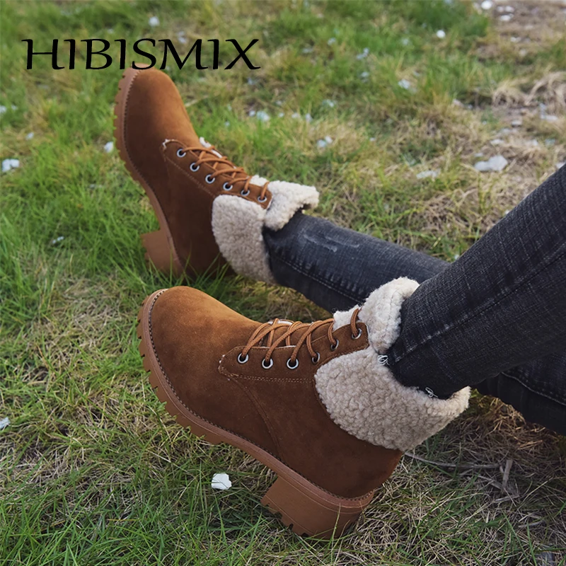 HIBISMIX/зимние женские ботильоны на шнуровке; большие размеры; зимние ботинки; коллекция года; теплые женские короткие байкерские ботинки из плюша; 1374