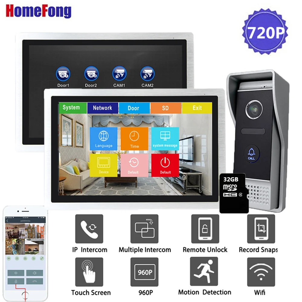 With 32GB SD Card Homefong 10 дюймов Wi-Fi видео телефон двери дверной звонок Домофон 720P сенсорный экран Домашний домофон система разблокировки запись обнаружения движения - Цвет: With 32GB SD Card