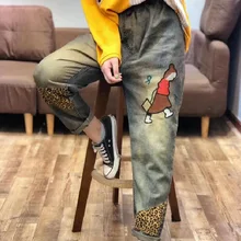 Новые джинсы больших размеров для женщин s Wash вышивка рваные джинсовые брюки женская мода молния с эластичной резинкой на поясе ковбойские шаровары