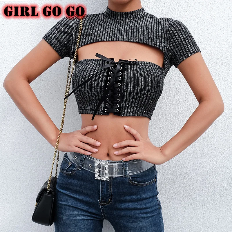 Футболка женская трикотажная с коротким рукавом модный кроп топ на шнуровке