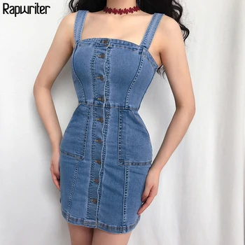 

Rapwriter Off Shoulder Backless Single Button Strap Blue Denim Dress Women 2020 Streetwear Sleeveless Bodycon Sexy Dress Vintage