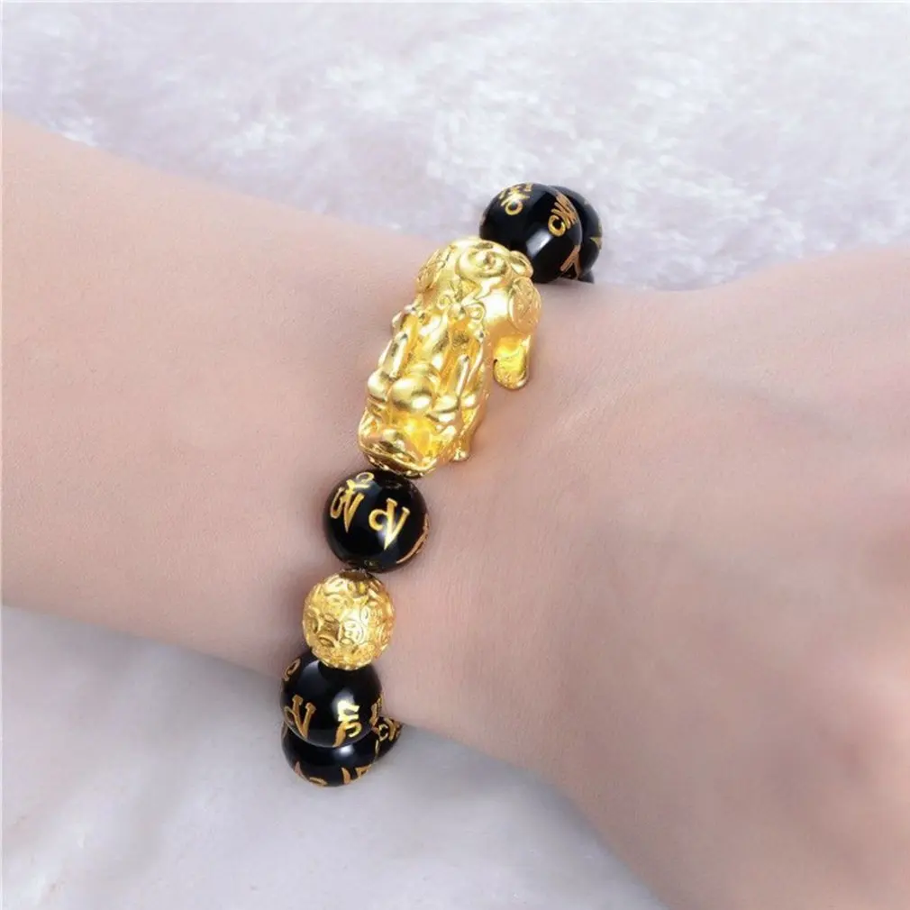 Feng Shui de piedra obsidiana pulsera con cuentas hombres mujeres Unisex pulsera de Oro Negro Pixiu de la riqueza y la buena suerte pulsera de las mujeres