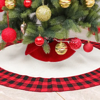 

Christmas Tree Skirt Knitted Red and Black Plaid Tree Mat Apron Christmas Tree Decorations