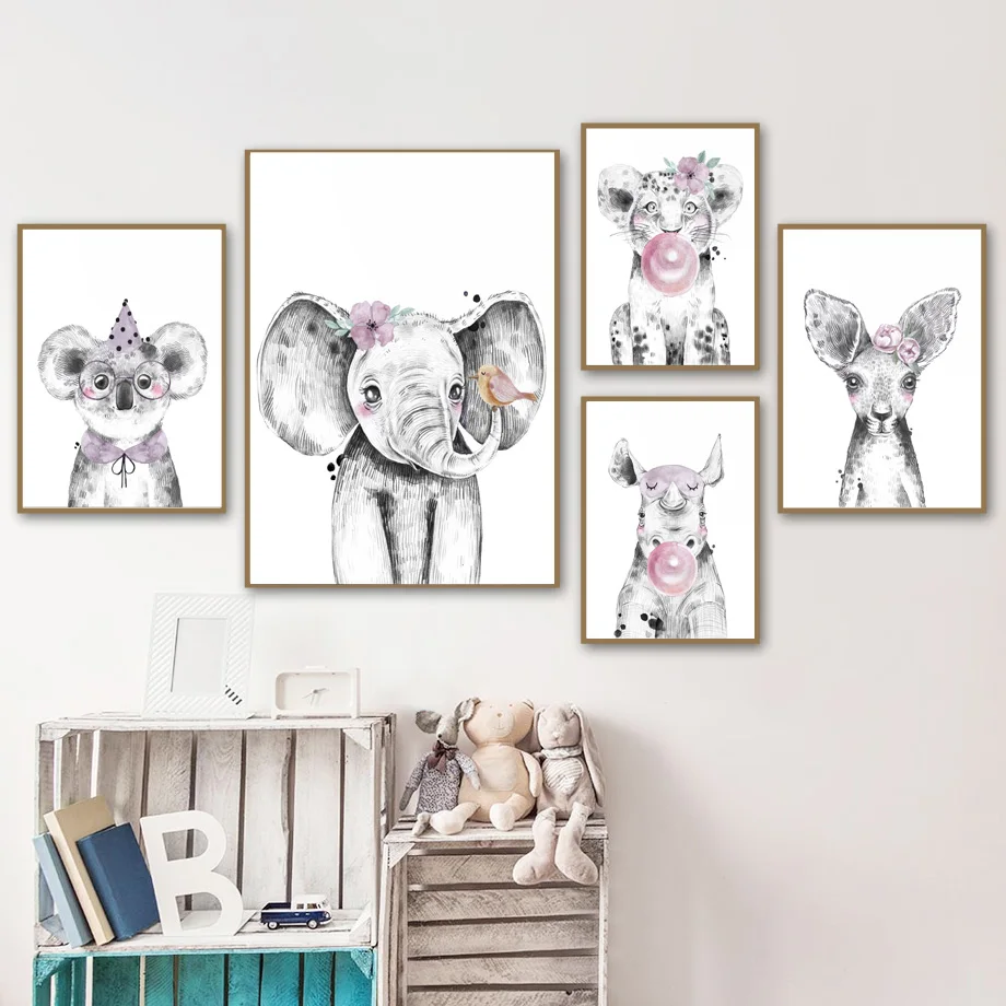 

Elephant Giraffe Koala Tiger Lion Bear Nursery Wall Art Print Canvas Painting Nordic Posters And Prints Kids Room Wall Pictures