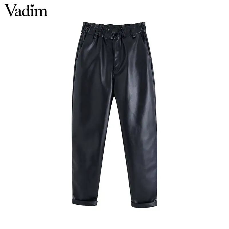 Vadim женские шикарные черные штаны из искусственной кожи эластичный мешок талии карманы молния fly женские ботильоны длина брюки mujer KB173