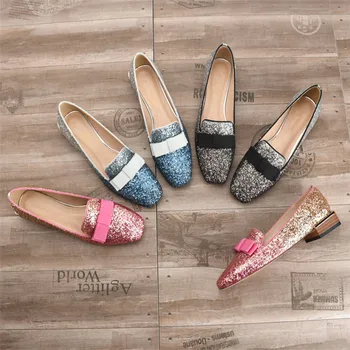 

Women's square head, shallow mouth, sequins, bridesmaid's banquet, crystal flash low heels