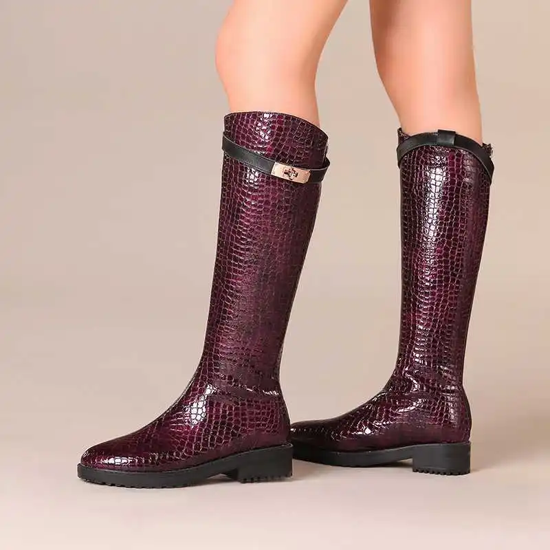 Luxury brand new winter thigh high boots women riding boots stone pattern metal buckle keep warm knight boots zapatos de mujer