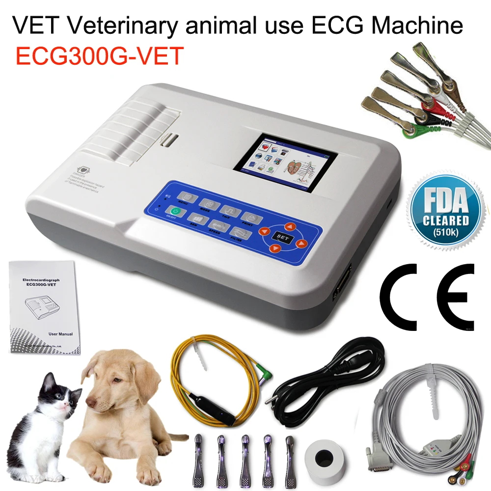 ECG300G-Vet Digital Veterinary Elektrokardiograph Animal 3 Channel Lead ECG Machine Portable EKG Mo