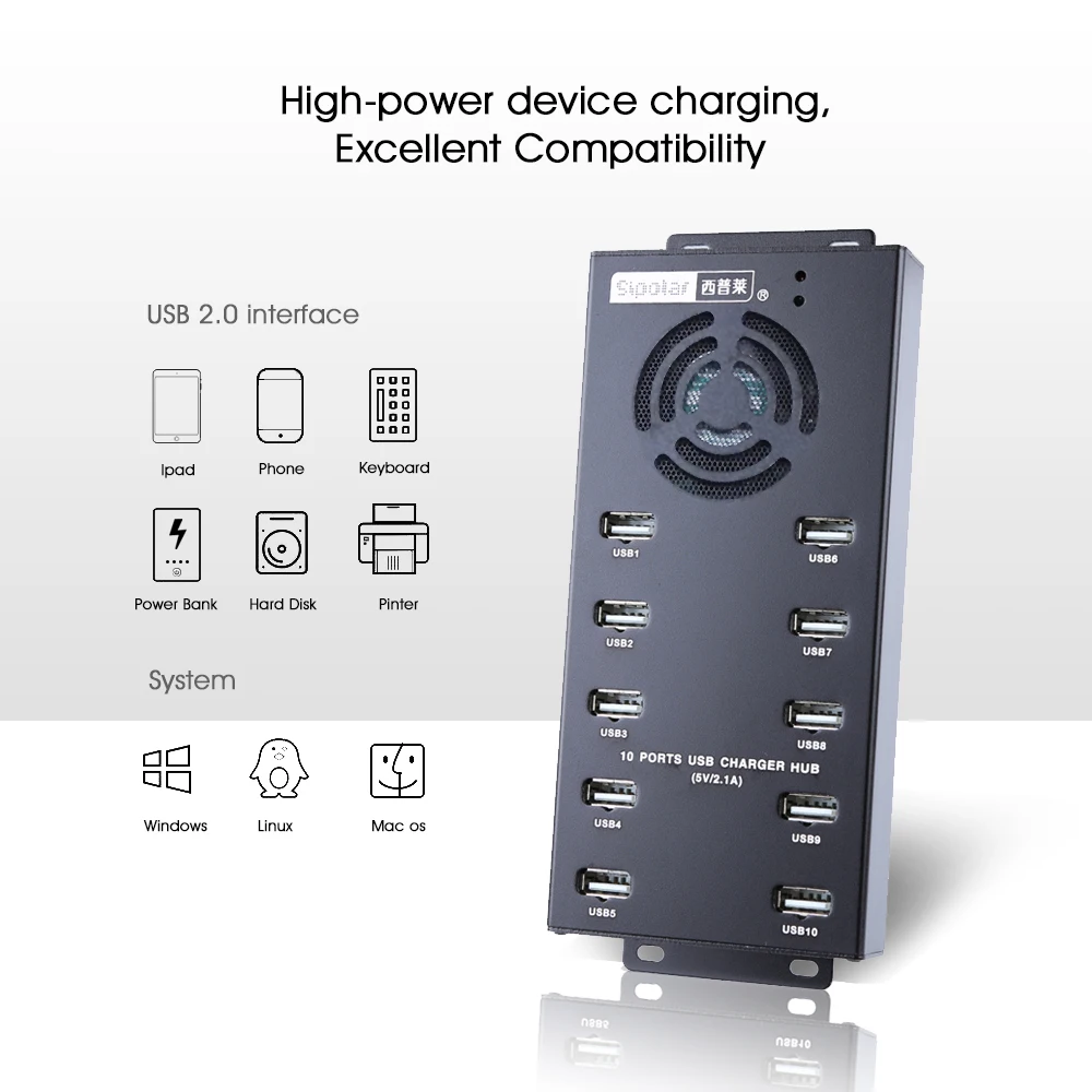 Sipolar A-400, 10 портов, USB концентратор для передачи данных и зарядки, многопортовое USB настенное зарядное устройство, 10А, Настольная интеллектуальная зарядная станция