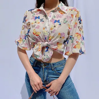 

Ins Wind Butterfly Print Lace Up Shirt Women Loose Casual Short Sleeve Shirt Female 2020 Summer New Streetwear Ladies Clothes