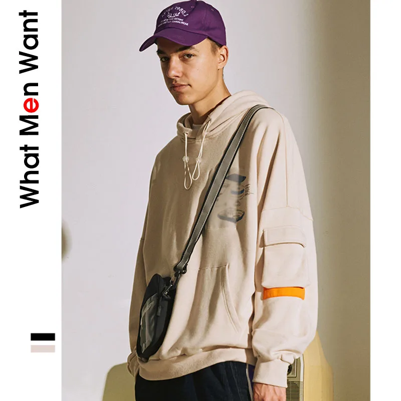 

IVRESSE Apricot Patchwork Cargo Hoodies Men Hooded Pockets Drawstring Sweatshirt Male Fashion Casual Hip Hop Streetwear Pullover