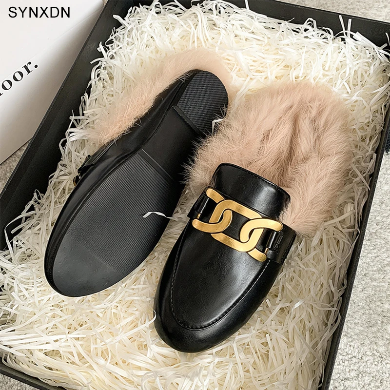 Мюли SYNXDN женские зимние плюшевая кожа пряжка брендовые слипоны полутапочки