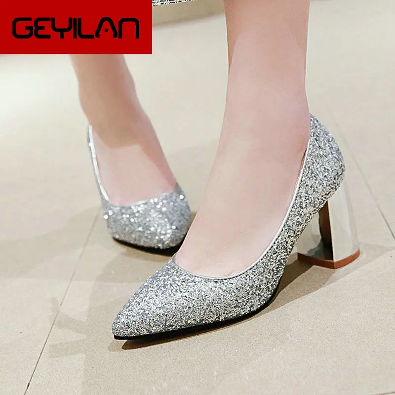 

2019 Spring Autumn Women Shoes Fashion Sequined High Heels Square High Heels Pumps Slip On Pointed Party Wedding Shoes Female