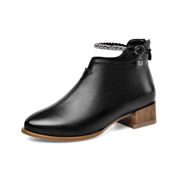

Quality Genuine Leather Short Boots Female Party Office Shoes Woman crystal Buckle Square Heels Punk Ankle Boots