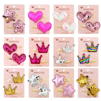 

2Pcs Infant Lovely Cute Hairpin Gradient color Flip Sequin Five-pointed Star Love Crown Child Baby Hairpin Kids Hair Accessories