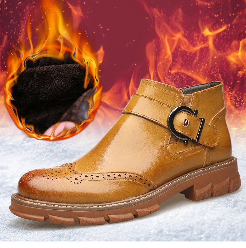 Winter Fleece Men's Brogue Boots Cow Genuine Leather Men Shoes Fashion Motorcycle Boots Man Comfortable Ankle Boots Casual Shoes