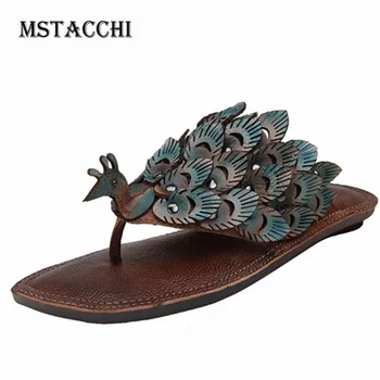 

MStacchi Punk Woman Peafowl Appliques Split Toe Shoes Unique Sewing Half Slippers Charming Ladies Hollow Out Fretwork Sandals