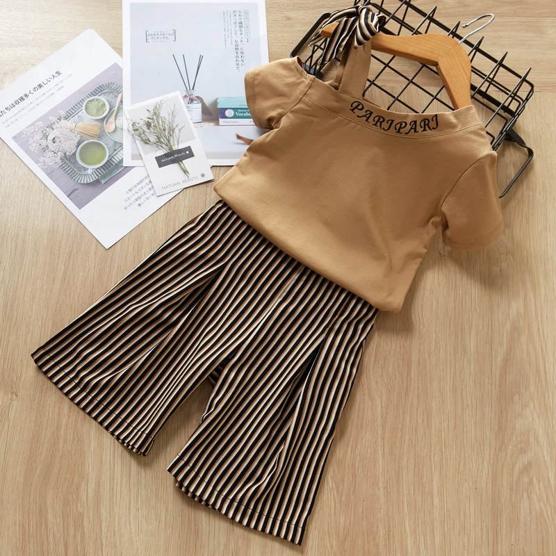 Beenira/комплекты одежды для девочек г. Новая Модная стильная футболка в полоску с длинными рукавами и бантом+ штаны в полоску для девочек, одежда for3-7