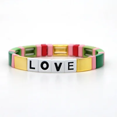 Letter LOVE Bohemia Ins Handmade Charm Enamel Rainbow Tile Bracelet Women Colorful Painted Metal Bracelets Wholesale Jewelry