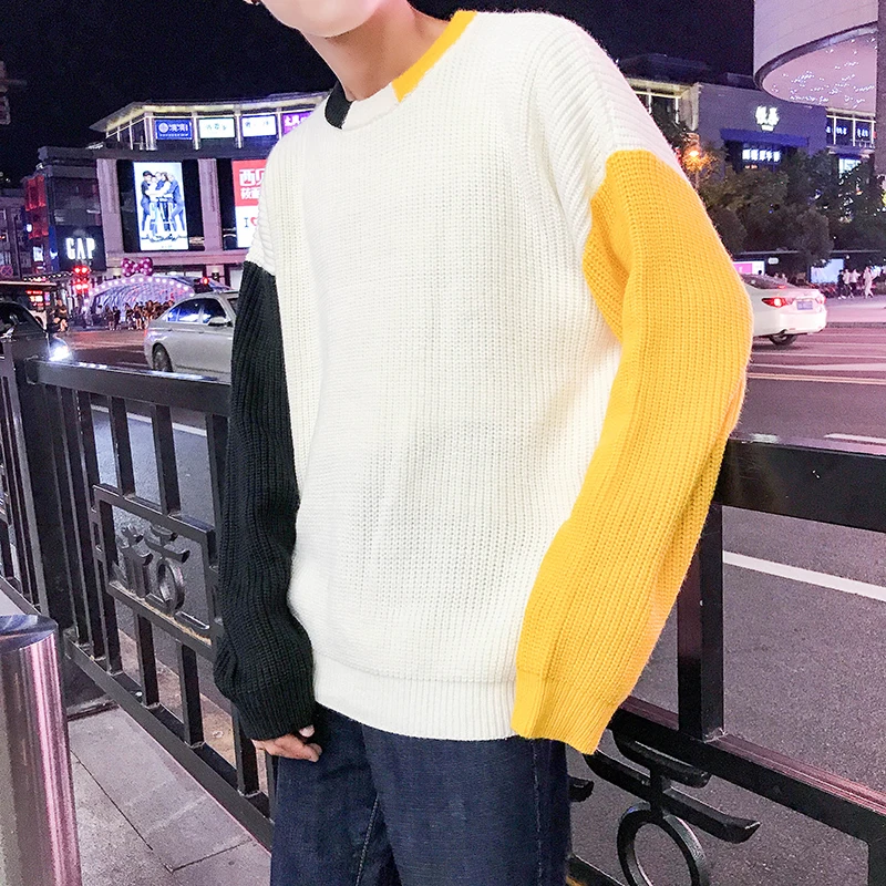 Men's sweater autumn and winter new Hong Kong style loose color matching warm sweater youth personality men's clothing - Цвет: white