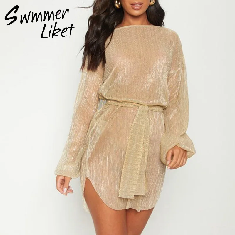 

Mesh bikinis 2020 Mujer See-though beach sarong dress women Sash belt cover ups female Gossamer Tunic beach wear Short kimono