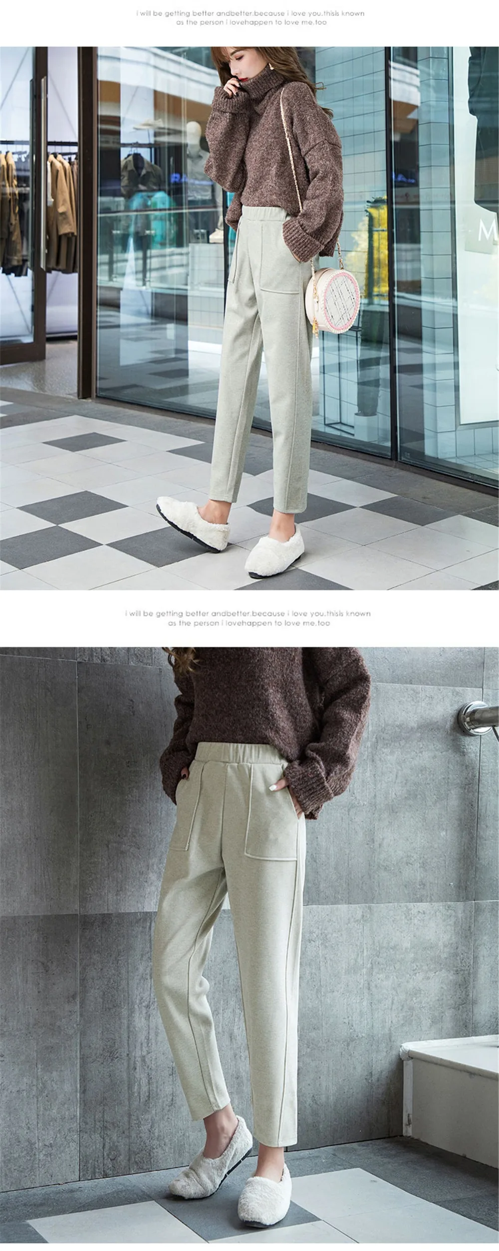 Autumn Winter Casual Straight pants female loose high Waist knitted wide leg pants Trousers Womens Harem Pants woolen solid