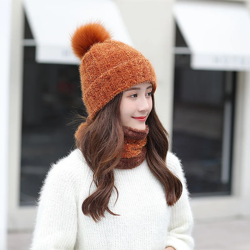 Hat Scarf Set Winter Women Plus Velvet Thick Warm Outdoor Sport Chenille Knit Hat And Scarf Korean Female Beanies Caps F24810AD