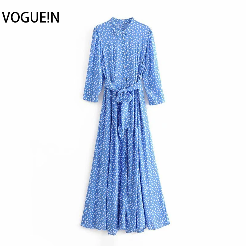 Женское Повседневное платье макси VOGUEIN голубое белое с рукавом 3/4 и поясом