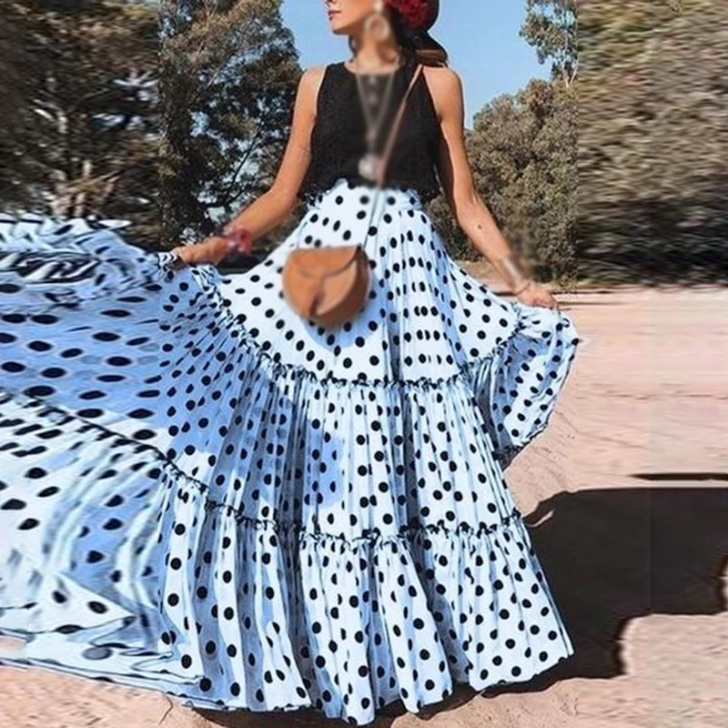 Женская мода Бохо дамы горошек длинные макси полный большой качели юбка