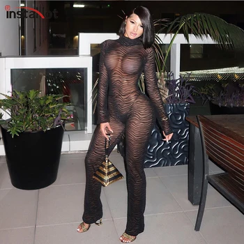 

Sexy New Sexy Backless Zebra Print Jumpsuit Skinny Mesh Long Sleeve Flare Pants Autumn See Through Playsuit Ladies Casual Romper