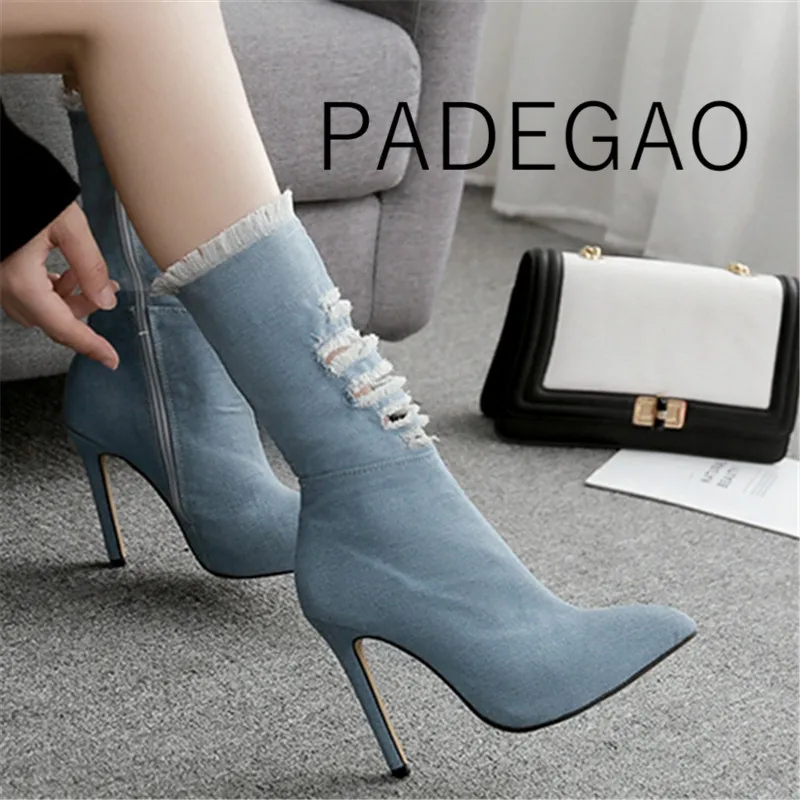 

2019 Fashion Super High Heel Pointed Toe Boots for Women Basic Zip Ankle Thin Heels Spring Shoes