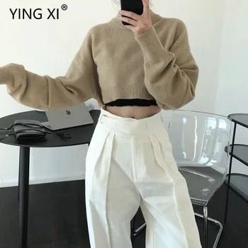 

YING XI 2020 Spring Loose Casual Short Women Sweater O-neck Long Sleeve Gray Rad Contrast Color And Khaki Sweater