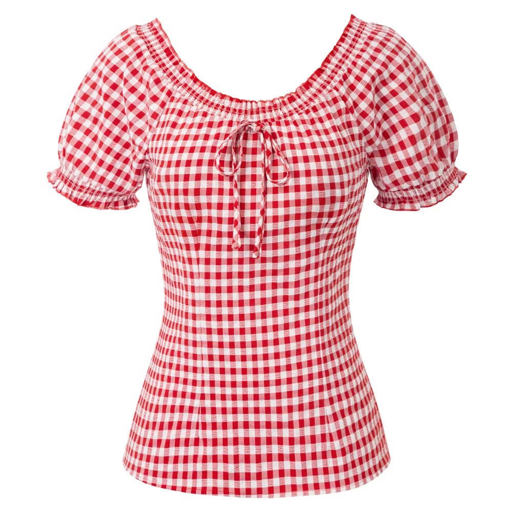 

Belle Poque Women Blouse Summer Two-Way Tops Crew Neck/Off Shoulder Short Raglan Sleeves Plaided Shirt Casual Sweet New Female