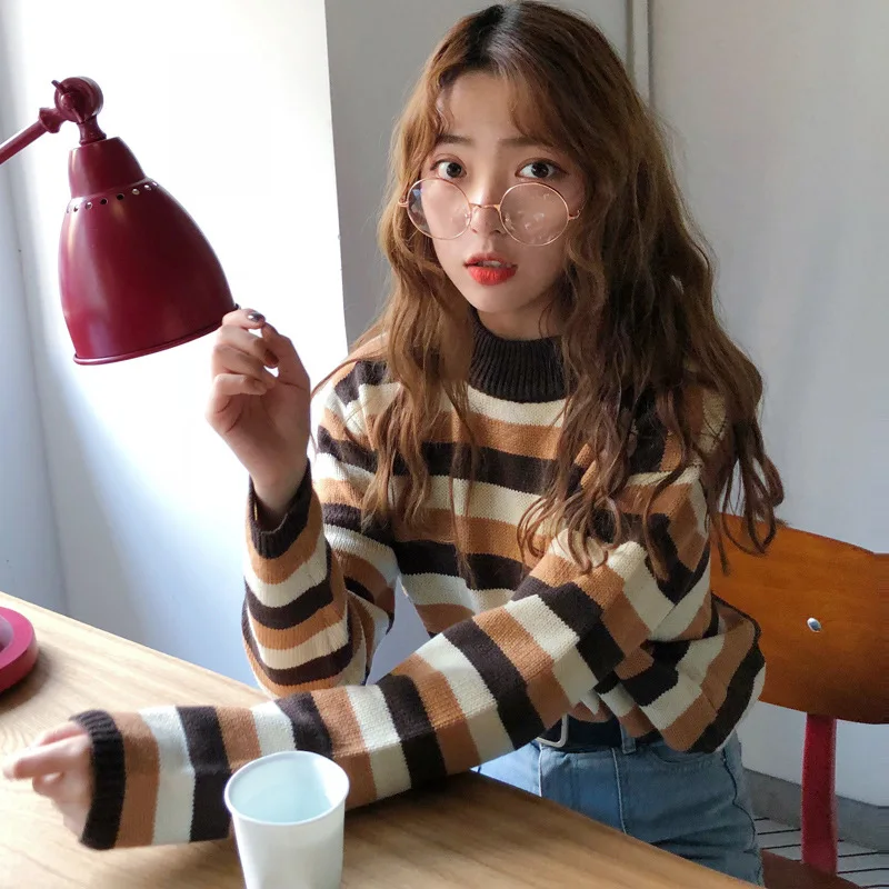 

Autumn And Winter New Style 2018 South Korea CHIC-Style Retro Stripes Crew Neck Pullover Thick Long Sleeve Pullover