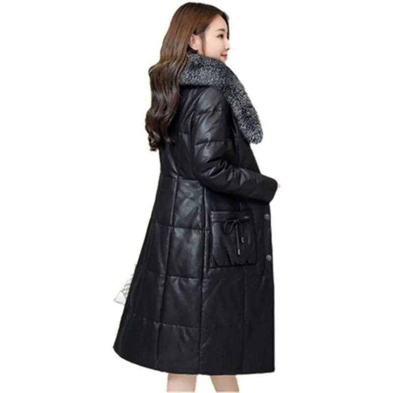 Winter Quality Leather Jacket Women fox fur collar thick warm leather down jacket Washed leather plus size Parker coat A674