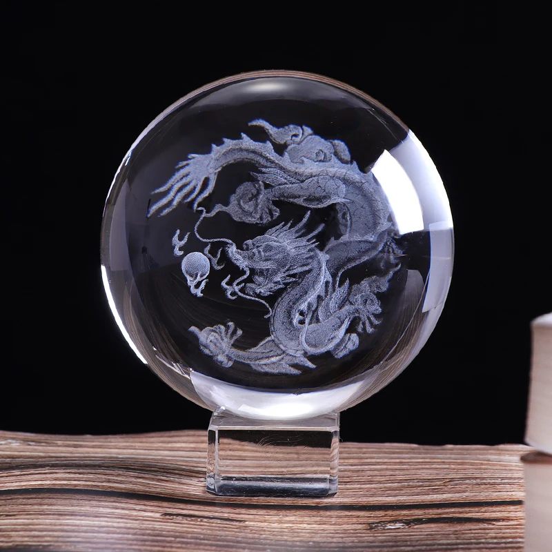 6 cm/ 8cm 3D Crystal Ball with Dragon Miniature Figurine Sphere Laser Engraved Craft Globe LED Base Home Decor | Дом и сад