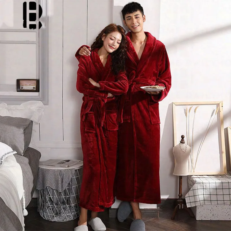 Women Sleepwear Cotton Bathrobe Women Robe Coral Fleece Sleepwear Winter Thicken Kimono Bathrobe Gown Soft Couple Sleepwear Flannel Nightwear Home Clothes