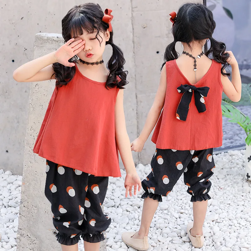 

Girls Summer Set Hot Selling 2019 Children Cotton Linen Vest Two-Piece Set Korean-style Cute Set