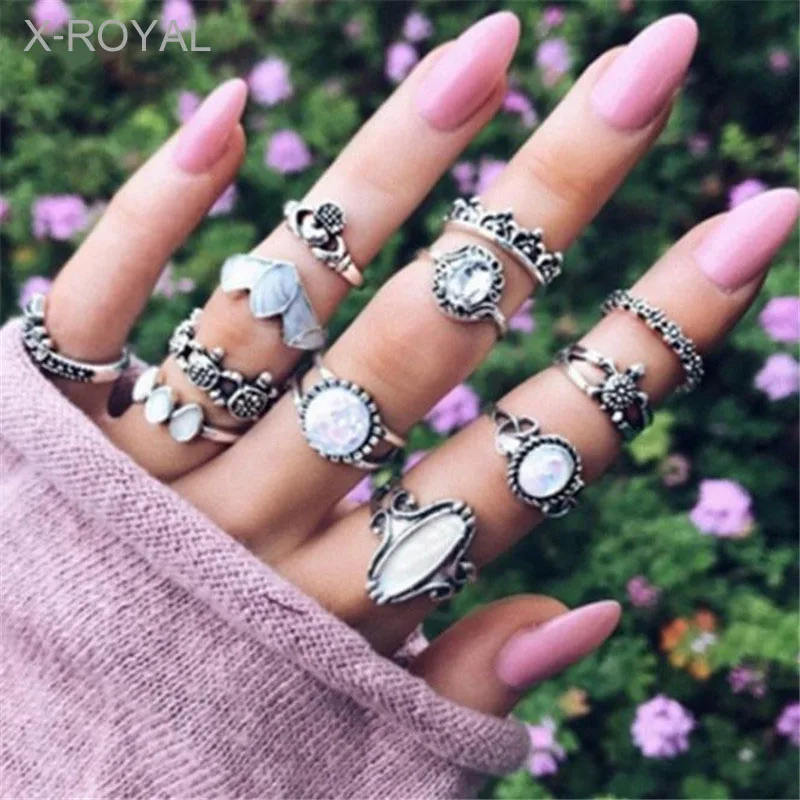 X-ROYAL 12Pcs/set European Vintage Style Hyperbole Zircon Rings Fashion Female Antique Silver Finger Women Knuckle | Украшения и