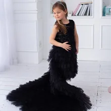 Новинка; черное платье для маленьких девочек на День рождения; стильное многослойное платье из тюля с длинным шлейфом; платье принцессы со звездой; праздничное платье для выпускного вечера