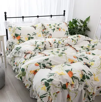 

Pastoral bird green plant bedding set, twin full queen king cotton single double home textile bed skirt pillow case quilt cover