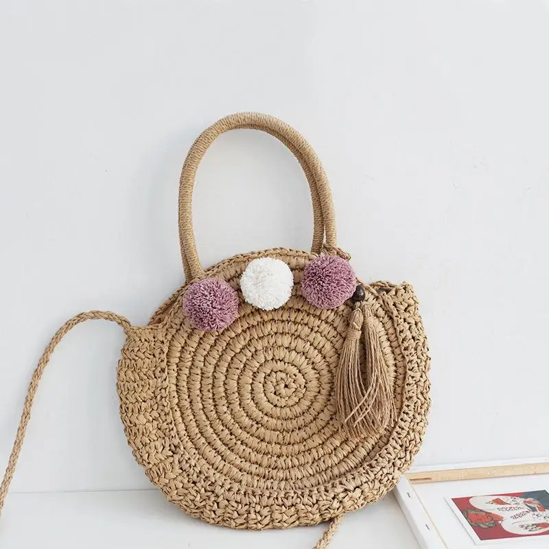 

Casual Round Tassel Straw Women Shoulder Bag Puffball Top-hanle Women's Handbag Rattan Straw Woven Crossbody Bags For Women 2020