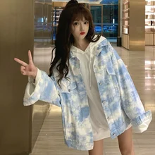 

Tie-dye Single Button Lapel Jacket Ladies Basic Sweet and Loose College Style Korean Tooling Denim Autumn Fashion Women Clothes