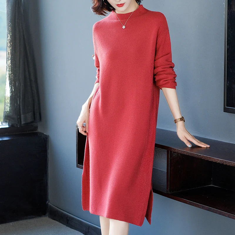 

High Quality Autumn Women Wool Dress Elegant Side Split Long Sweater Cashmere Dress Pullovers