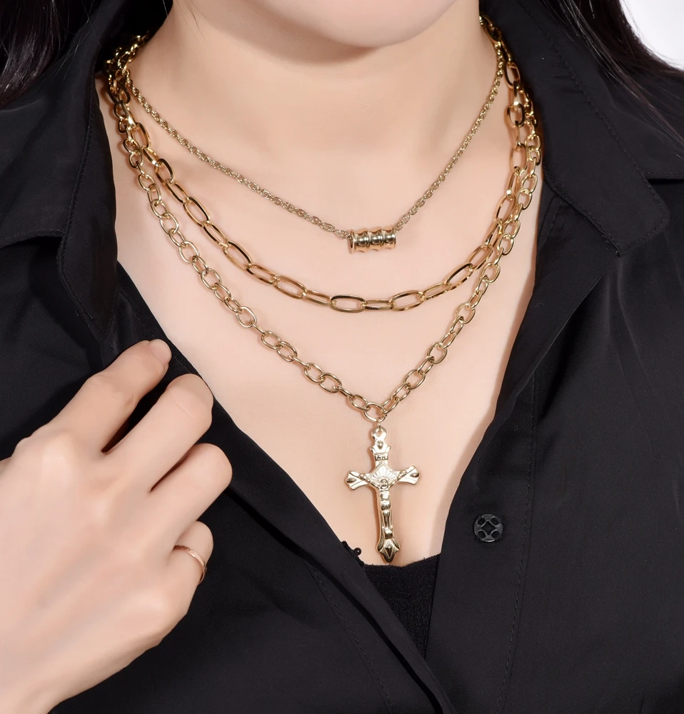 SDA  Hiphop Punk  Rock Jewelry Gold Color Stainless Steel Long Chains Set  Jesus Cross Pendants